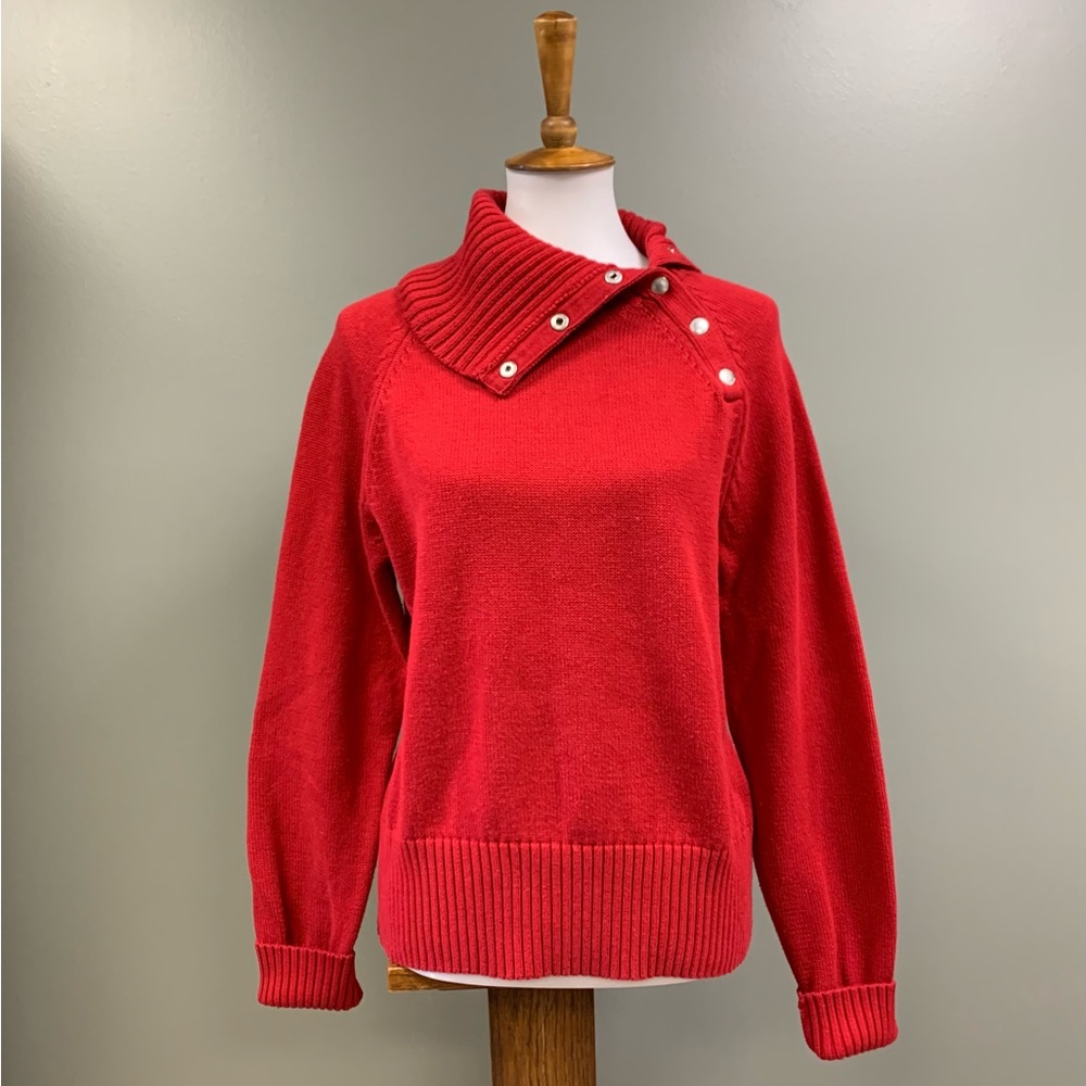American Living Red Symmetrical Side Snap Button Cowl Neck Red Sweater LG